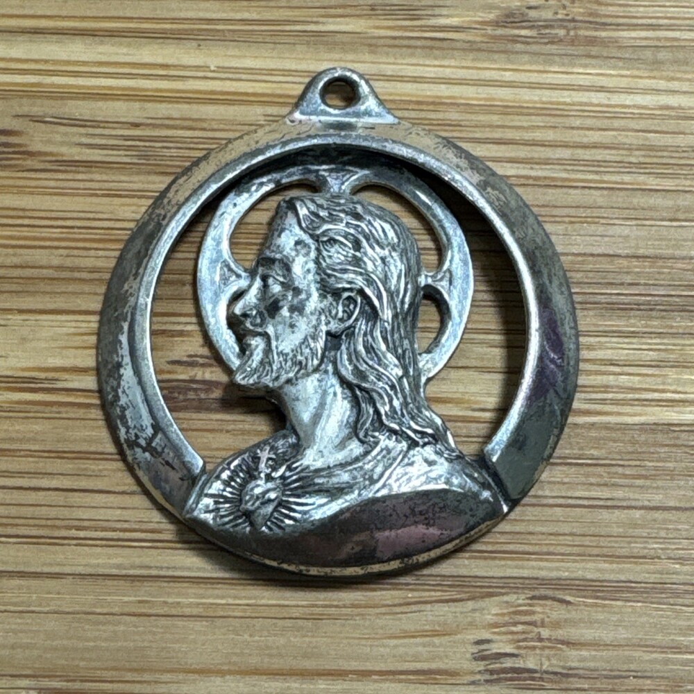Vintage 3D WESTON Sterling Silver Sacred Heart Jesus Medal Pendant 1.5”